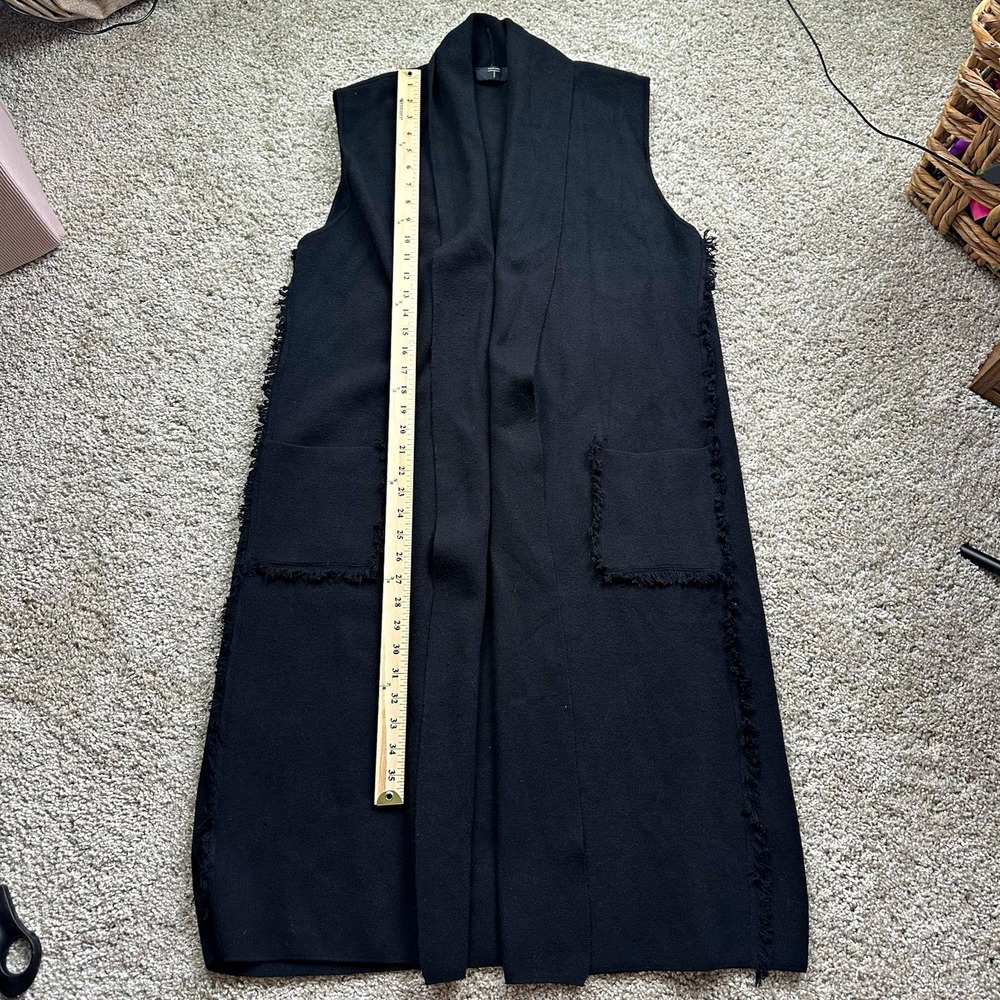 Tahari Black Fringe Duster Vest Longline Open Front Cardigan Pockets long XL